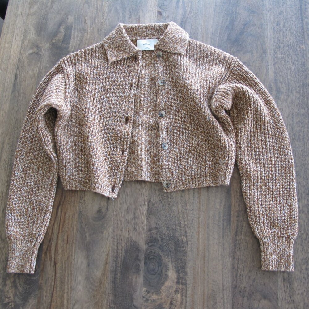 Aritzia Cropped Ribbed Button-Up Cardigan in Brown Speckle